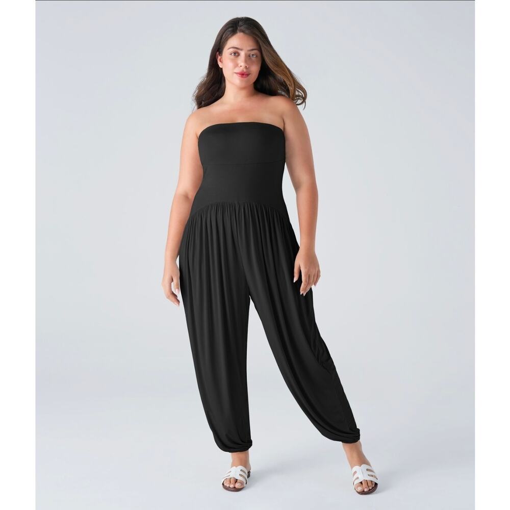 Sz 3X HALARA Black Strapless Ankle Pocket Comfy Knit Jumpsuit